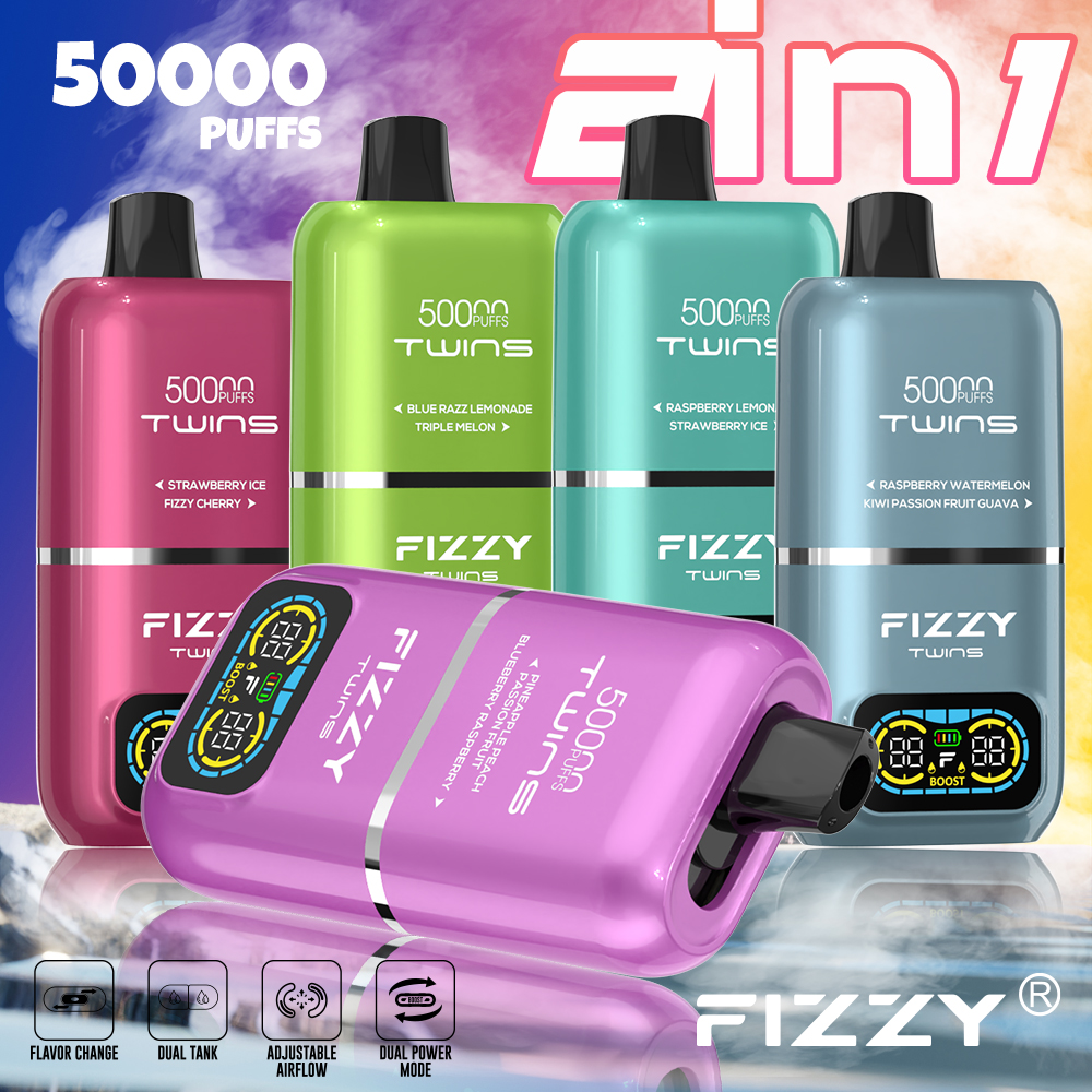 favouritevape.com FIZZY TWINS 50K(50000) Puffs Dual flavors 50ML of e-liquid mesh coil 850mAh battery 2%/5% nicotine LCD Screen Disposable Vape