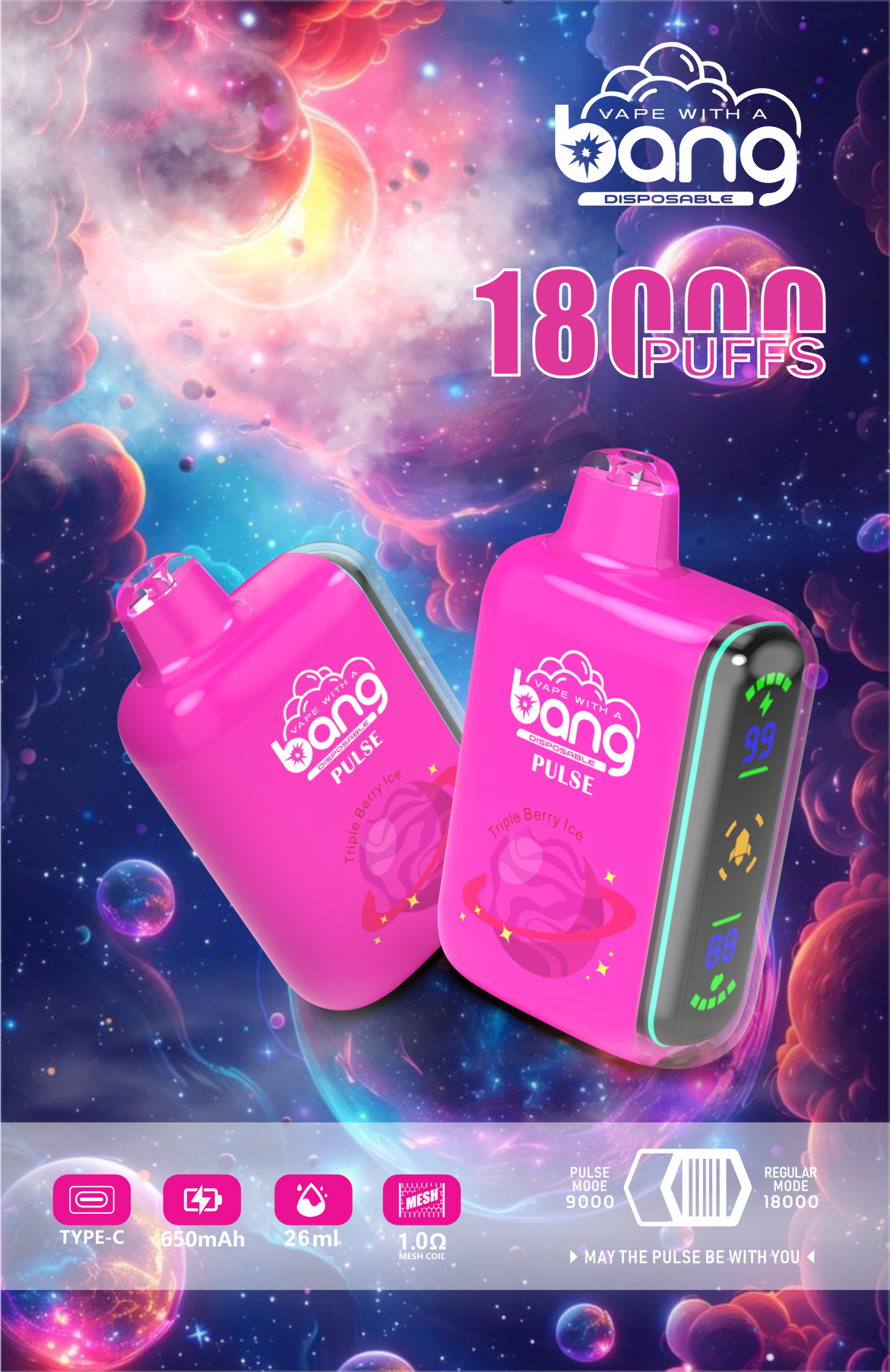favouritevape.com Bang Pulse 18K(18000) Puffs Adjustable Airflow 26ml E-liquid 0% 2% 3% 5% Nicotine Type-C Charging Disposable Vape